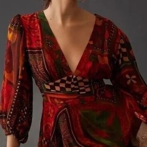 NWT Farm Rio x Anthropologie Lined Blouse Size M Red V Neck Tie Beaded Tassels - Picture 2 of 12